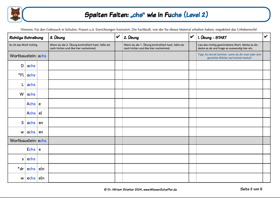 Beispiel für Arbeitsblatt SpaltenFalten zum "chs" wie in "Fuchs"