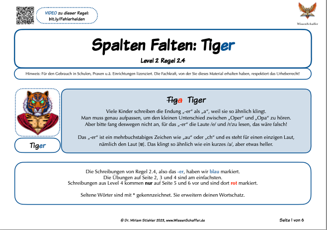 Fehlerhelden Regel-Blatt zum SpaltenFalten bei Endung "er" wie in Tiger