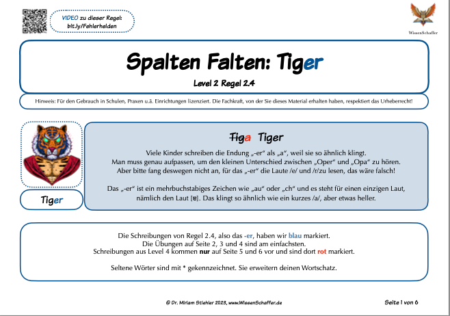 Fehlerhelden Regel-Blatt zum SpaltenFalten bei Endung "er" wie in Tiger 