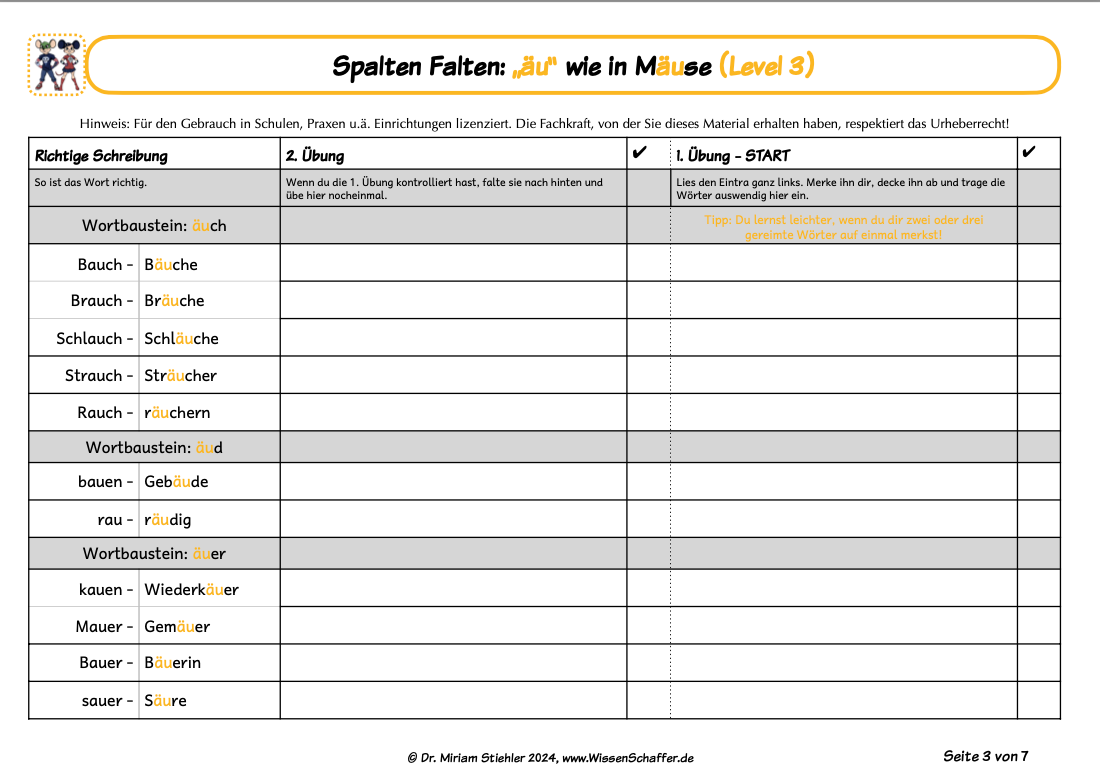 Beispiel für Arbeitsblatt SpaltenFalten zum "äu" wie in "Mäuse"