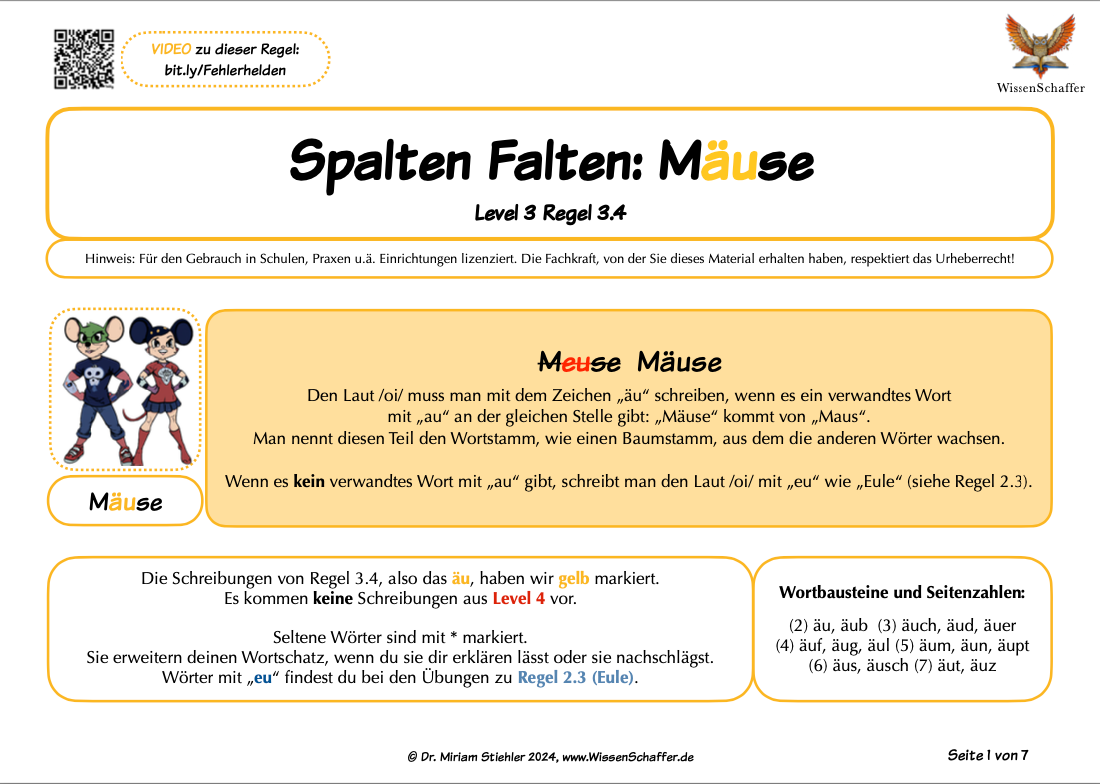 Fehlerhelden Regel-Blatt zum SpaltenFalten bei "äu" wie in "Mäuse"