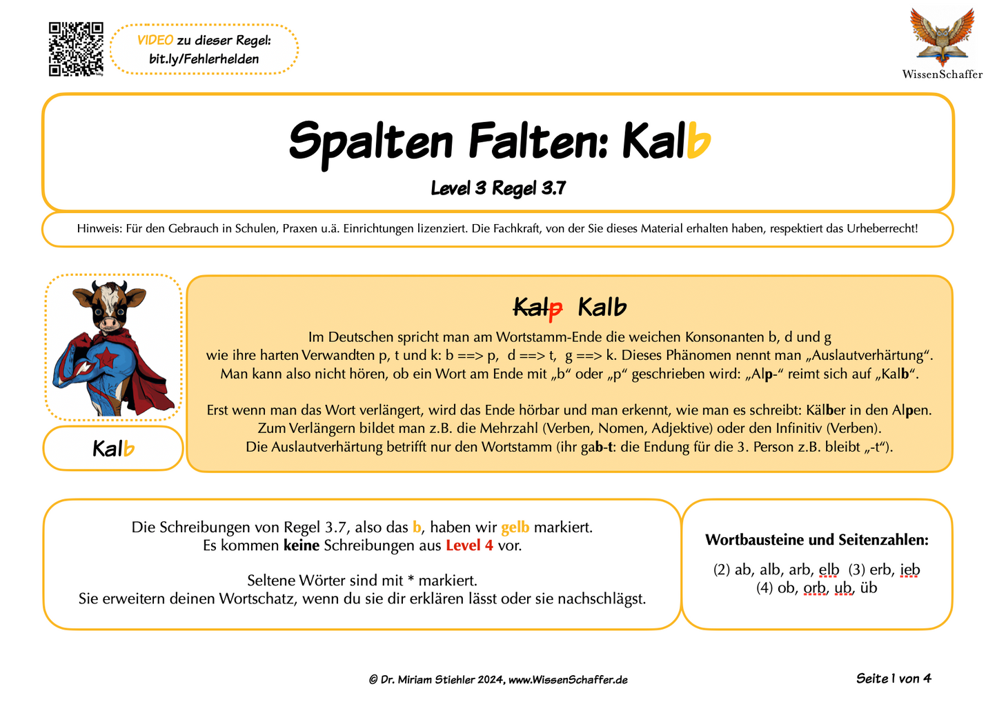 Fehlerhelden Regelseite aus dem Material SpaltenFalten zur Auslautverhärtung wie in "Kalb"
