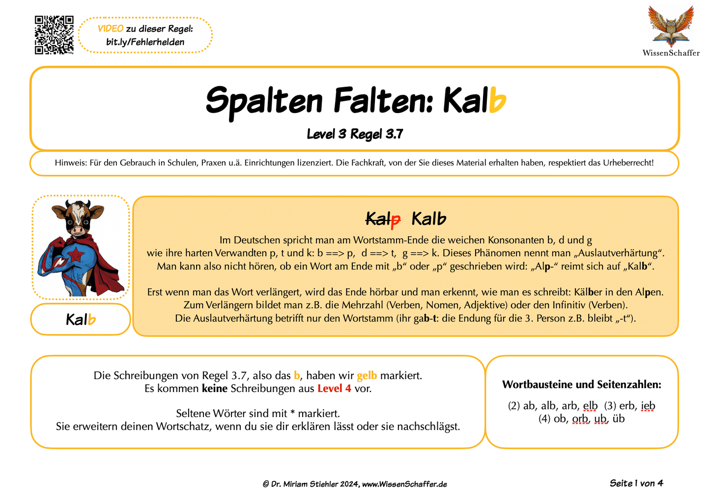 Fehlerhelden Regelseite aus dem Material  SpaltenFalten zur Auslautverhärtung wie in "Kalb"