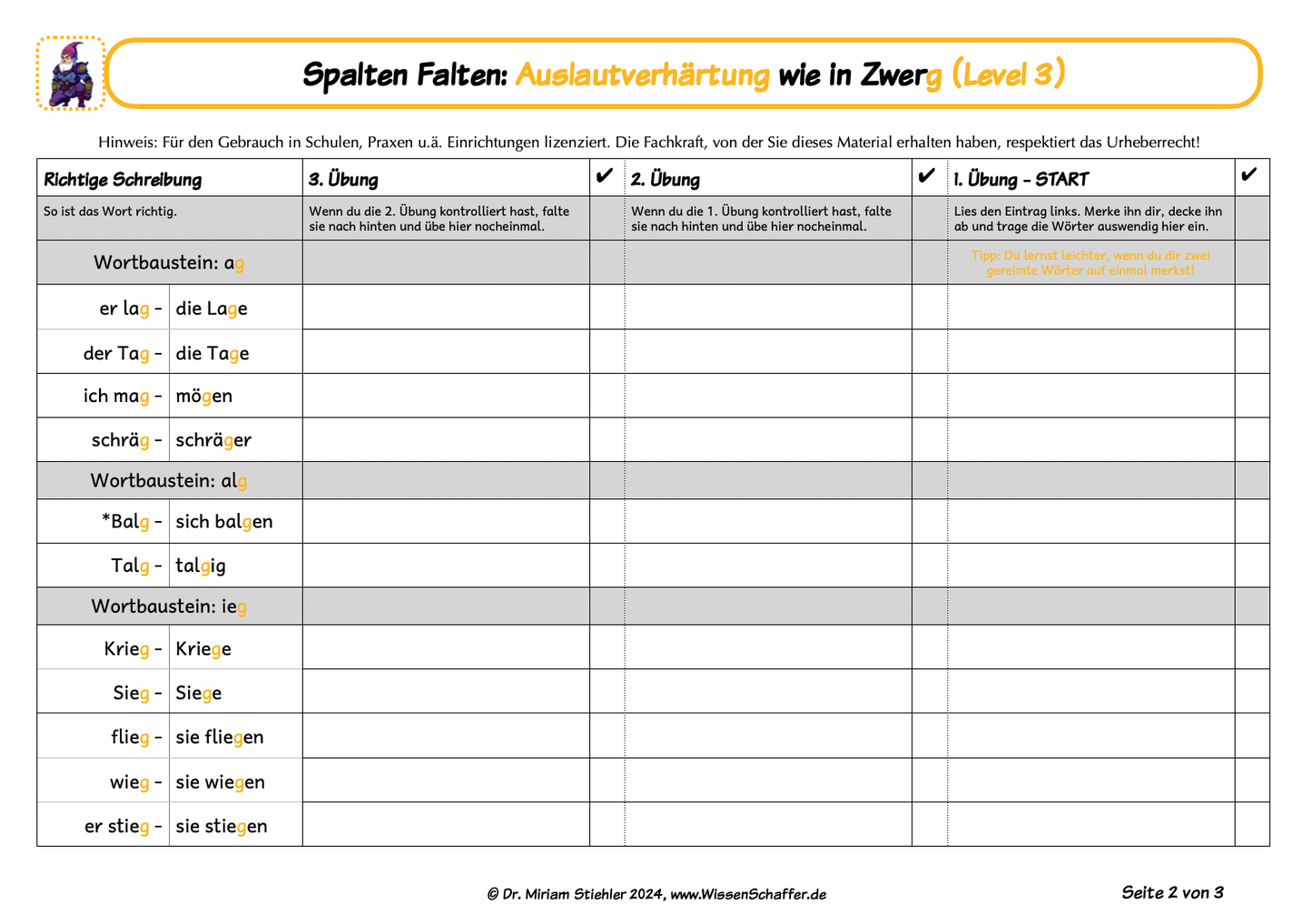 Beispiel für Arbeitsblatt SpaltenFalten zur Auslautverhärtung G/K wie bei "Zwerg"