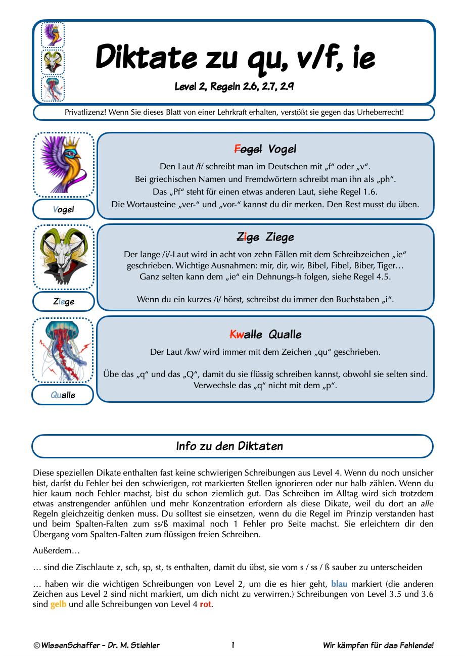 Diktate und Übung zu v/f/ph, ie, Qu/qu (Fehlerhelden Level 2)