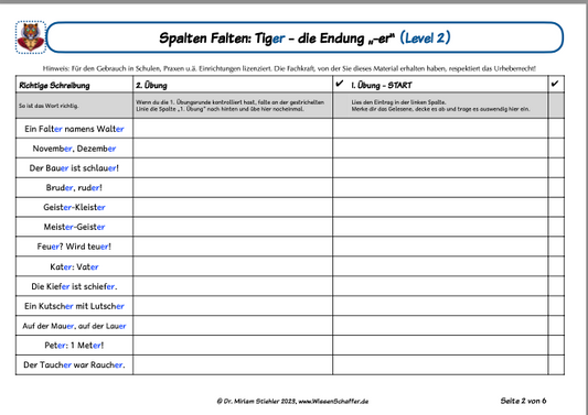 Beispiel für Arbeitsblatt SpaltenFalten zur Endung -er wie in Tiger