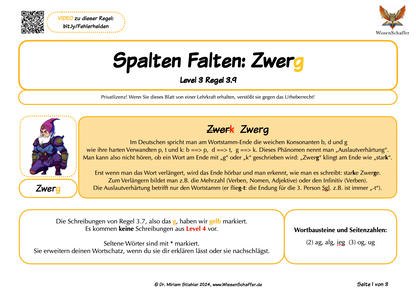 Fehlerhelden Regeln zum Arbeitsblatt SpaltenFalten zur Auslautverhärtung G/K wie bei "Zwerg"
