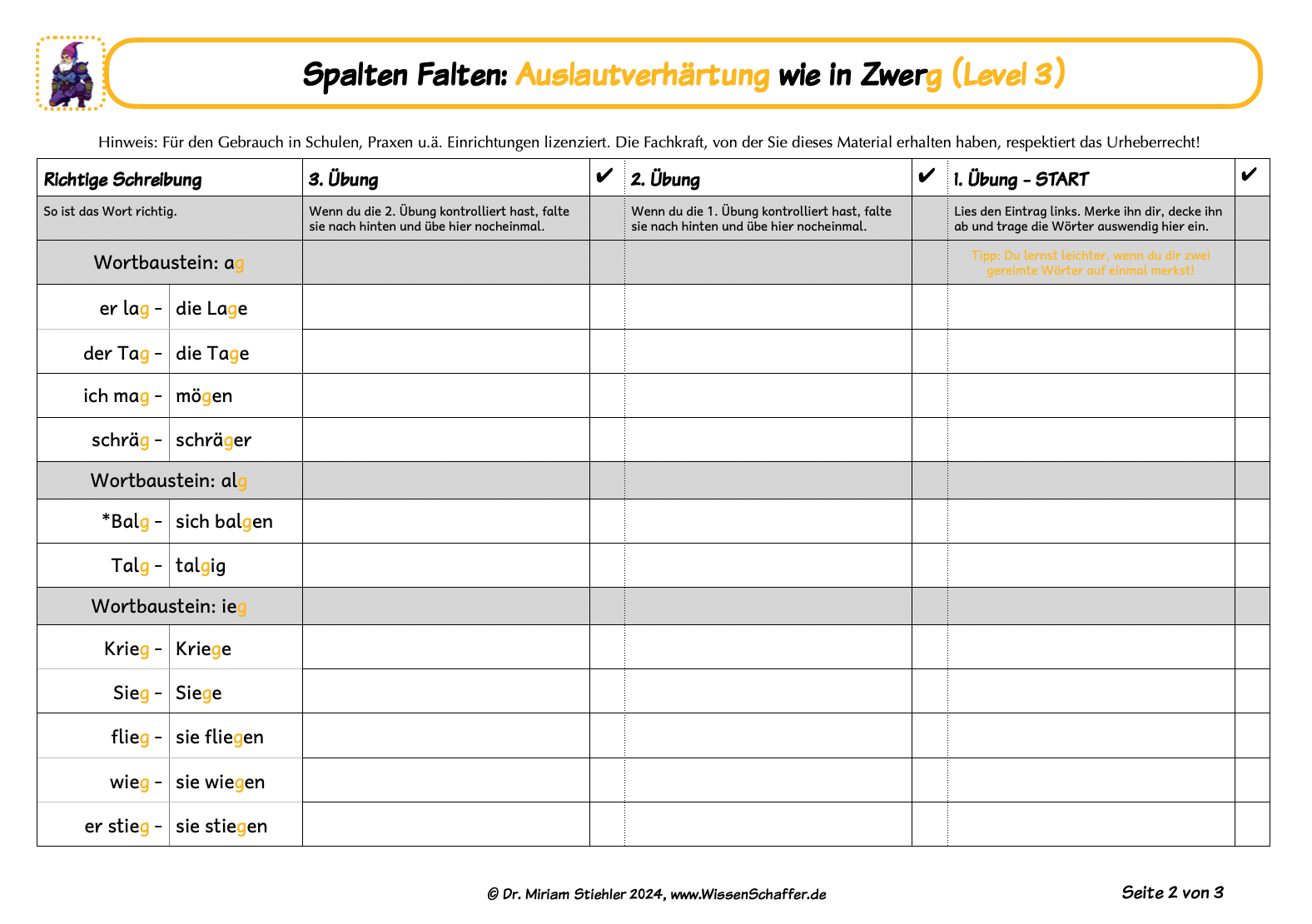 Beispiel für Arbeitsblatt SpaltenFalten zur Auslautverhärtung G/K wie bei "Zwerg"
