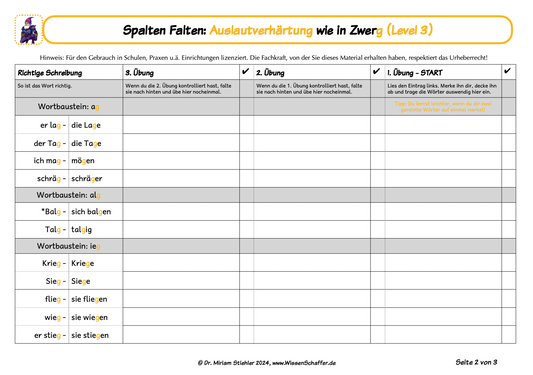 Beispiel für Arbeitsblatt SpaltenFalten zur Auslautverhärtung G/K wie bei "Zwerg"